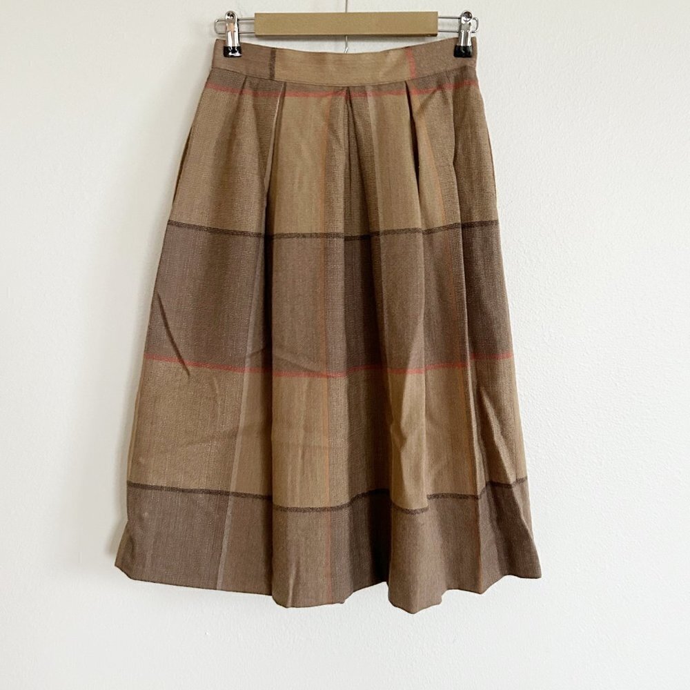 Vtg John Meyer Skirt Women 10 Tan Wool Plaid Midi Pleated High Waist 70's Retro - Picture 6 of 7
